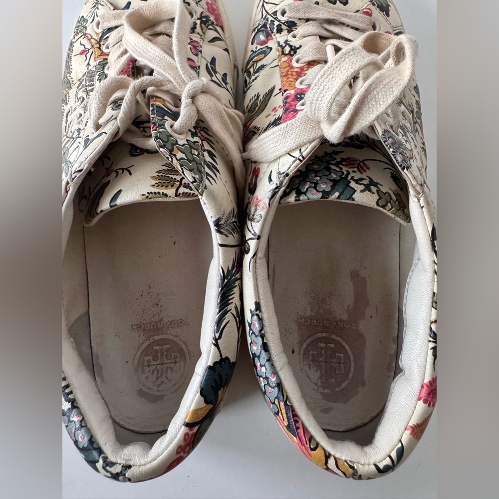 Tory Burch White Floral Print Leather Amalia Low Top Sneakers Women’s Size 8 - Picture 9 of 11